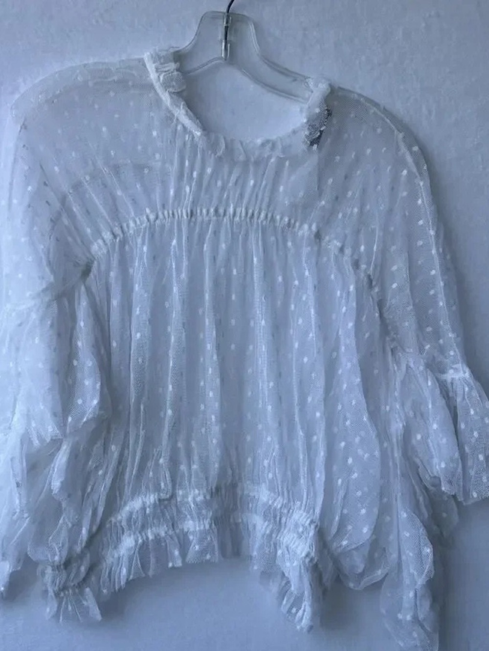 CIEN Romantic White Sheer Mesh Swiss Dot Ruffle Blouse Size L